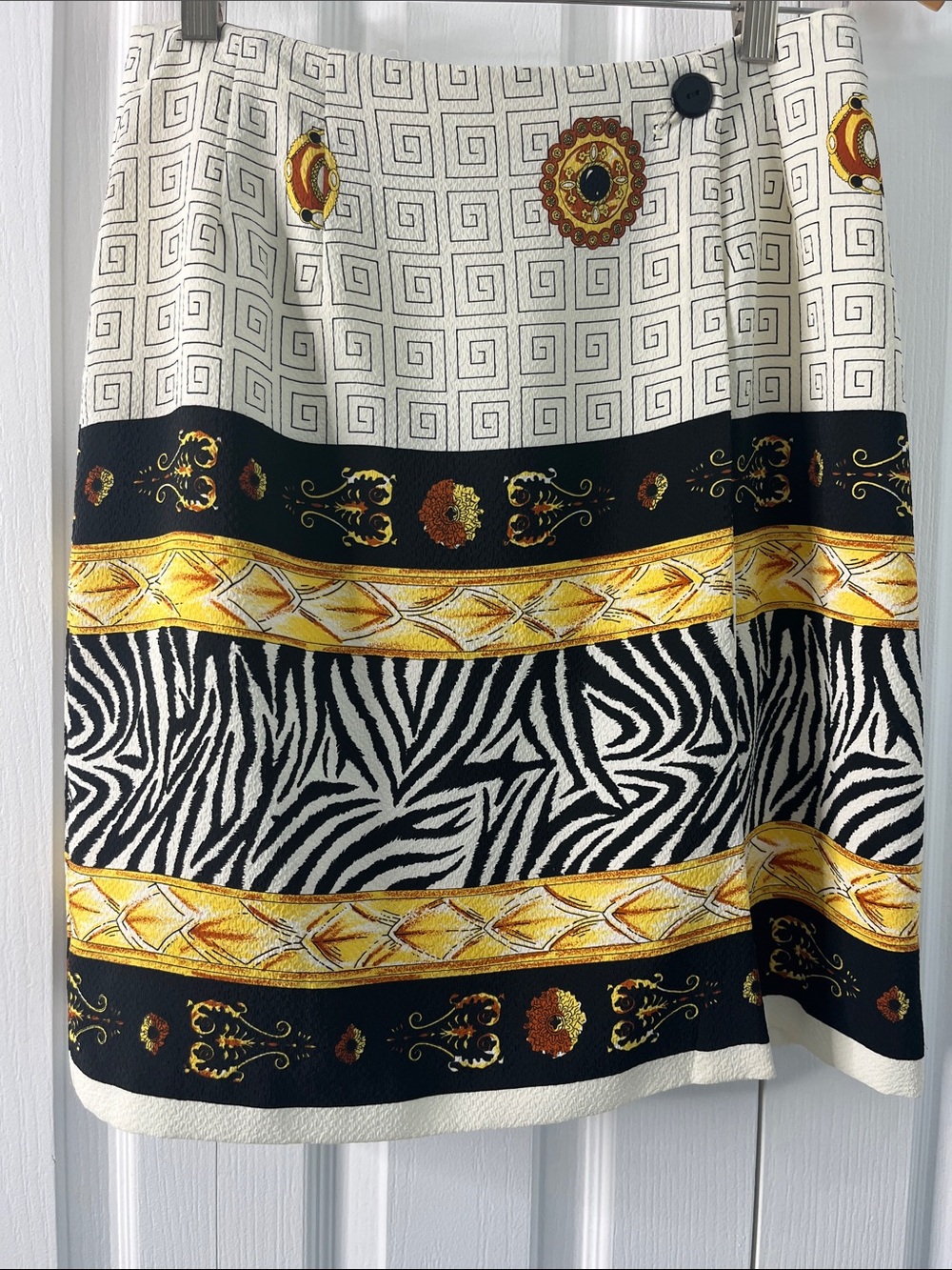 Russell Scott Textured Patterned Zebra-Stripe Midi Skirt in Black, White & Gold